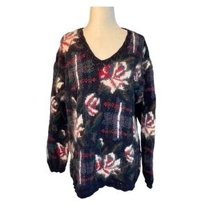 Vintage Paris Sport Club Floral Plaid Print Sweater Blue Knit V-Neck Long Sleeve